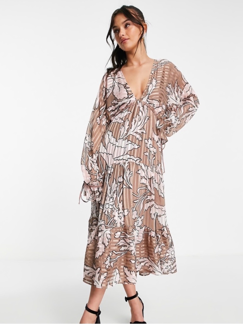 ASOS Pink and Brown Floral Midi Dress Size 14 - Picture 2 of 9